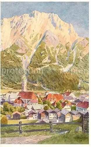 AK / Ansichtskarte Mittenwald Karwendel Tirol Ortsansicht mit Kirche Karwendelgebirge Kuenstlerkarte Kat. Schwaz