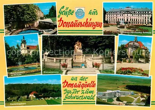 AK / Ansichtskarte Donaueschingen Donauquelle Fuerstl Fuerstenberg Schloss Kirche Rathaus Camping Sanatorium Kat. Donaueschingen
