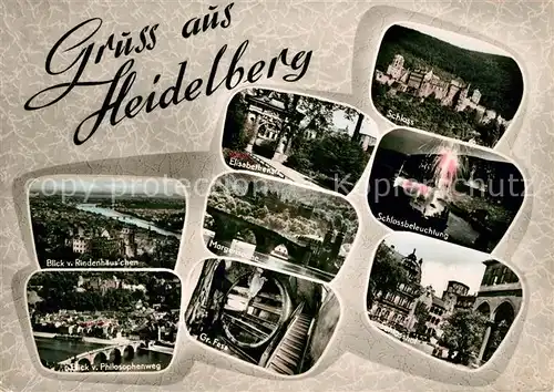 AK / Ansichtskarte Heidelberg Neckar Panorama vom Rindenhaeuschen und Philosophenweg Elisabethenstr Grosses Fass Schloss beleuchtet Schlosshof Kat. Heidelberg