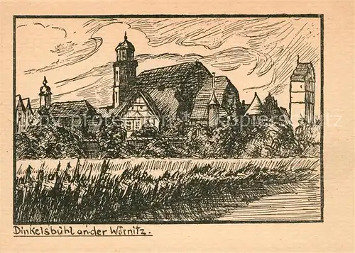 AK / Ansichtskarte Dinkelsbuehl Blick ueber die Woernitz Kirche Turm Zeichnung Kuenstlerkarte Kat. Dinkelsbuehl