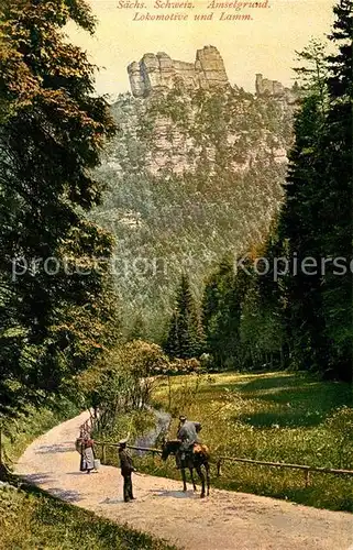 AK / Ansichtskarte Rathen Saechsische Schweiz Amselgrund Lokomotive und Lamm Felsformationen Elbsandsteingebirge Kat. Rathen Sachsen