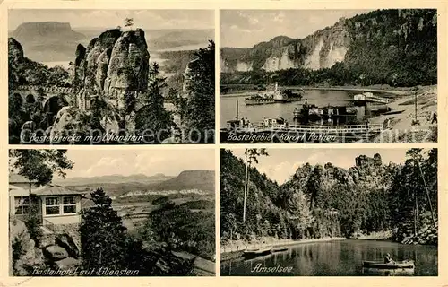 AK / Ansichtskarte Wehlen Sachsen Basteibruecke mit Lilienstein Tafelberg Elbsandsteingebirge Basteihotel Amselsee Kat. Wehlen