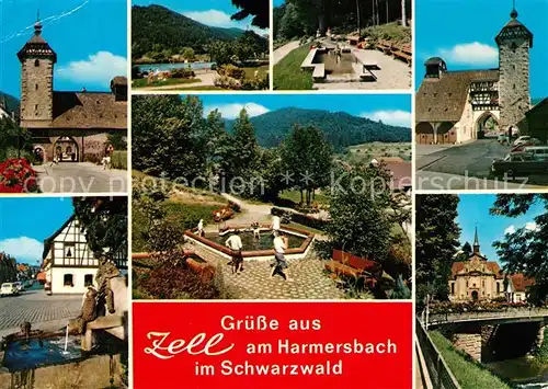 AK / Ansichtskarte Zell Harmersbach Stadttor Schwimmbad Park Brunnen Kirche Kat. Zell am Harmersbach