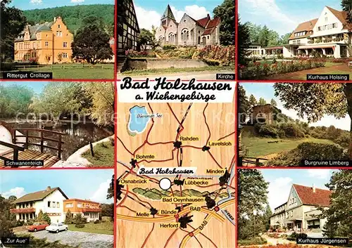 AK / Ansichtskarte Bad Holzhausen Luebbecke Rittergut Crollage Kirche Kurhaus Holsing Schwanenteich Burgruine Limberg Zur Aue Kurhaus Juergensen Kat. Preussisch Oldendorf