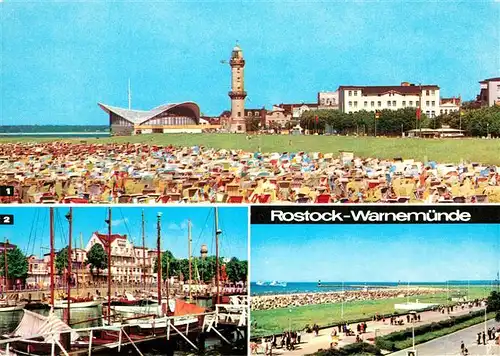 AK / Ansichtskarte Warnemuende Ostseebad Strand Gaststaette Teepott Leuchtturm Kat. Rostock