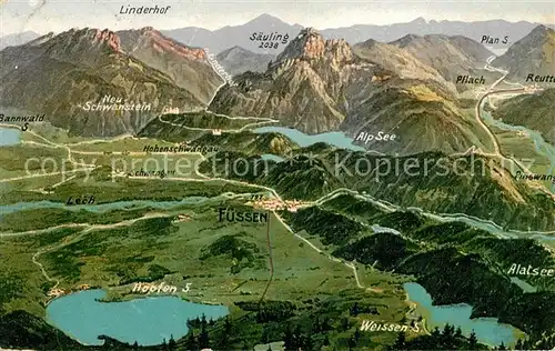 AK / Ansichtskarte Fuessen Allgaeu und Umgebung mit Allgaeuer Alpen aus der Vogelperspektive Kat. Fuessen