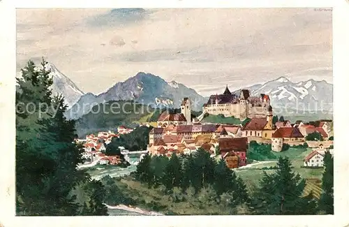 AK / Ansichtskarte Fuessen Allgaeu Panorama mit Schloss und Allgaeuer Alpen Kuenstlerkarte Kat. Fuessen