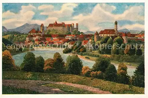 AK / Ansichtskarte Fuessen Allgaeu Blick ueber den Lech mit Kirche und Schloss Marschall Kuenstlerkarte Kat. Fuessen
