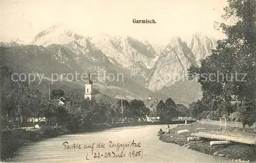 AK / Ansichtskarte Garmisch Partenkirchen Flusspartie mit Zugspitze Kat. Garmisch Partenkirchen