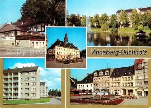 AK / Ansichtskarte Annaberg Buchholz Erzgebirge Schutzteich Rathaus Wohngebiet Hermann Matern Markt Kat. Annaberg