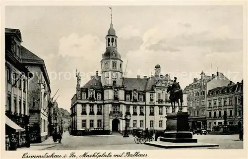 AK / Ansichtskarte Crimmitschau Marktplatz mit Rathaus Denkmal Reiterstandbild Kat. Crimmitschau