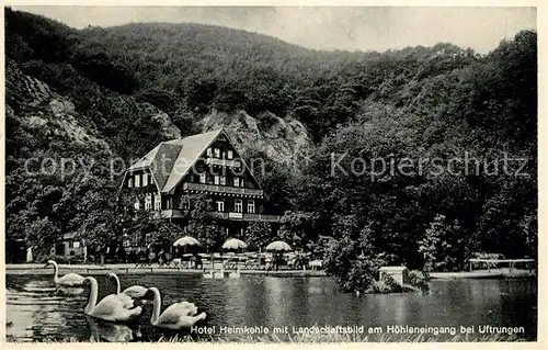 AK / Ansichtskarte Uftrungen Hotel Heimkehle mit Landschaftsbild am Hoehleneingang Schwanenteich Kat. Uftrungen