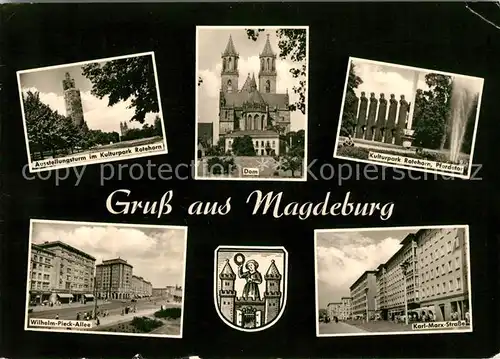 AK / Ansichtskarte Magdeburg Kulturpark Rotehorn Aussichtsturm und Pferdetor Dom Wilhelm Pieck Allee Karl Marx Strasse Kat. Magdeburg