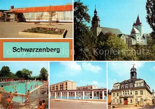 AK / Ansichtskarte Schwarzenberg Erzgebirge Gaststaette Roter Loewe Schloss Kirche Freibad Kat. Schwarzenberg