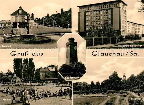 AK / Ansichtskarte Glauchau Bahnhof Freibad Rosarium Ingenieurschule Bauwesen Kat. Glauchau