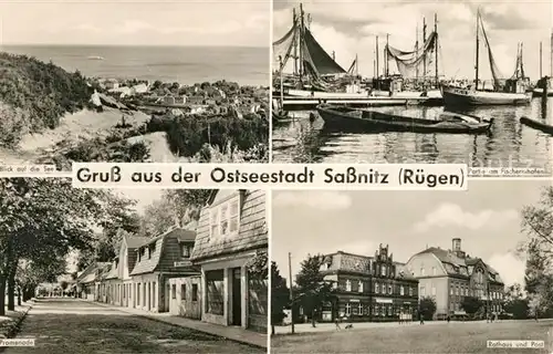 AK / Ansichtskarte Sassnitz Ostseebad Ruegen Seeblick Fischereihafen Promenade Rathaus und Post Kat. Sassnitz