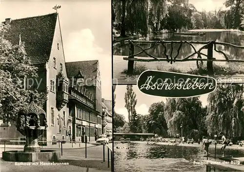 AK / Ansichtskarte Aschersleben Rathaus mit Hennebrunnen Gondelteich Freibad Kat. Aschersleben