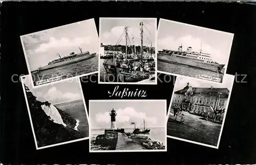 AK / Ansichtskarte Sassnitz Ostseebad Ruegen Faehrschiff Sassnitz Trelleborg Leuchtturm Rathaus Kat. Sassnitz