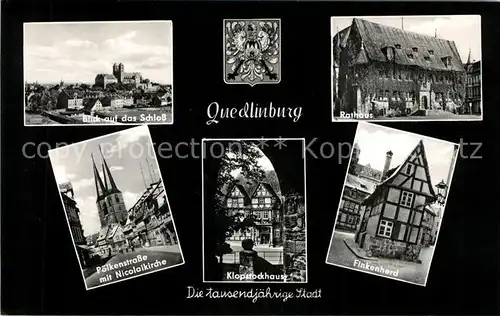 AK / Ansichtskarte Quedlinburg Poelkenstrasse Nicolaikirche Klopstockhaus Finkenherd Schloss Rathaus Kat. Quedlinburg