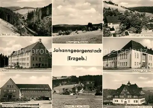 AK / Ansichtskarte Johanngeorgenstadt Unterjugel Oberjugel Plattenberg Farbmuehle Poliklinik HO Gaststaette Steinbach Neustadt Jugendherberge Ernst Schneller Kat. Johanngeorgenstadt