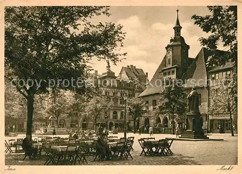 AK / Ansichtskarte Jena Thueringen Marktplatz mit Hanfried Denkmal Strassencafe