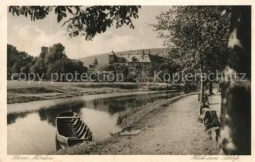 AK / Ansichtskarte Hann. Muenden Uferweg an der Weser Blick zum Schloss Kupfertiefdruck Kat. Hann. Muenden