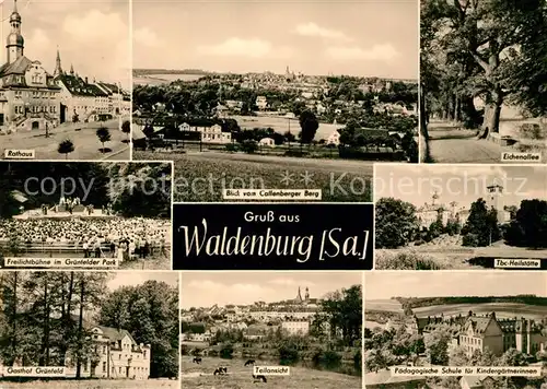 AK / Ansichtskarte Waldenburg Sachsen Rathaus Panorama Eichenallee Freilichtbuehne Gruenfelder Park Tbc Heilstaette Gasthof Gruenfeld Paed Schule fuer Kindergaertnerinnen Kat. Waldenburg Sachsen