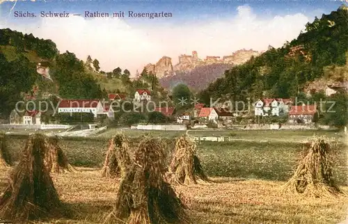 AK / Ansichtskarte Rathen Saechsische Schweiz Blick ueber die Felder mit Rosengarten Elbsandsteingebirge Kat. Rathen Sachsen