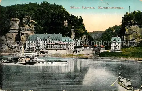 AK / Ansichtskarte Herrnskretschen Tschechien Boehmen Raddampfer auf der Elbe Hotel Felsen Boehmische Schweiz Kat. Hrensko