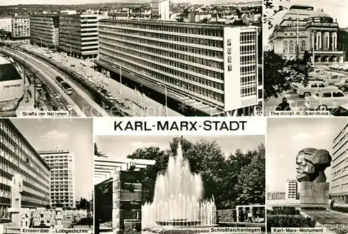 AK / Ansichtskarte Karl Marx Stadt Strasse der Nationen Opernhaus Ensemble Lobgedichte Schlossteichanlagen Karl Marx Monument Kat. Chemnitz