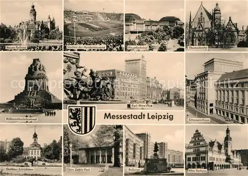 AK / Ansichtskarte Leipzig Rathaus Stadion Hauptbahnhof Thomaskirche Voelkerschlachtdenkmal Karl Marx Platz Schauspielhaus Gohliser Schloesschen Clara Zetkin Park Rossplatz Altes Rathaus Kat. Leipzig