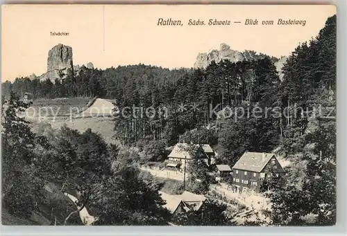 AK / Ansichtskarte Rathen Saechsische Schweiz Blick vom Basteiweg Talwaechter Felsformation Elbsandsteingebirge Kat. Rathen Sachsen