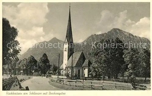 AK / Ansichtskarte Fischhausen Schliersee Partie an der Kirche mit Brecherspitze Mangfallgebirge Buetten Kat. Schliersee