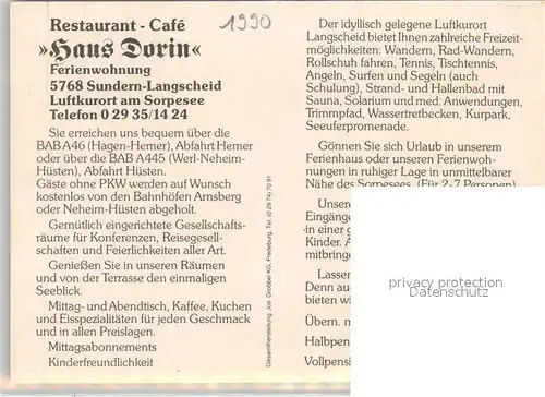 AK / Ansichtskarte Langscheid Sorpesee Restaurant Cafe Haus Dorin Gaststube Bar Ferienwohnung Kat. Sundern (Sauerland)