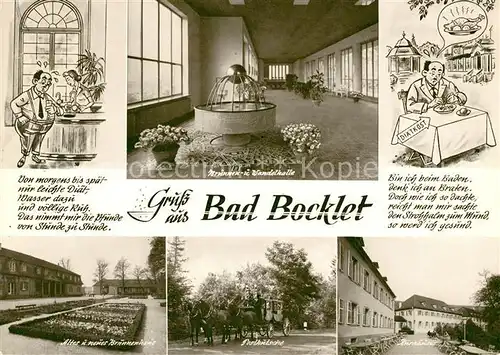 AK / Ansichtskarte Bad Bocklet Brunnen und Wandelhalle Karikatur Diaetkost Postkutsche Kat. Bad Bocklet