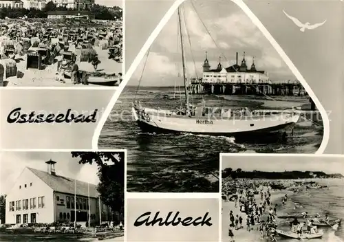 AK / Ansichtskarte Ahlbeck Ostseebad Strand Segelboot Hertha Seebruecke  Kat. Heringsdorf Insel Usedom