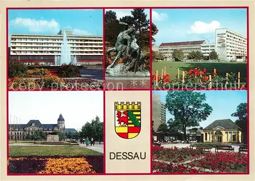 AK / Ansichtskarte Dessau Rosslau Haus des Reisens Stadtpark Kontour Scheibe Nord HO Hotel Stadt Dessau Hauptpost Teehaeuschen im Stadtpark Kat. Dessau Rosslau