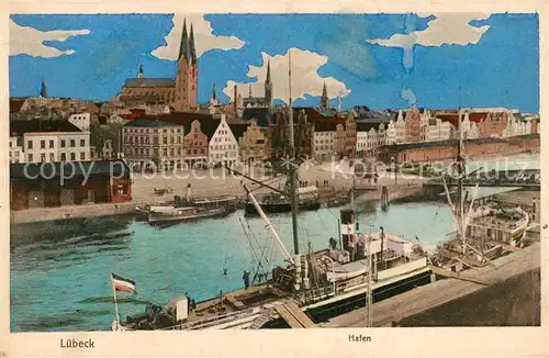 AK / Ansichtskarte Luebeck Hafen Fischkutter Stadtbild mit Kirche Kat. Luebeck