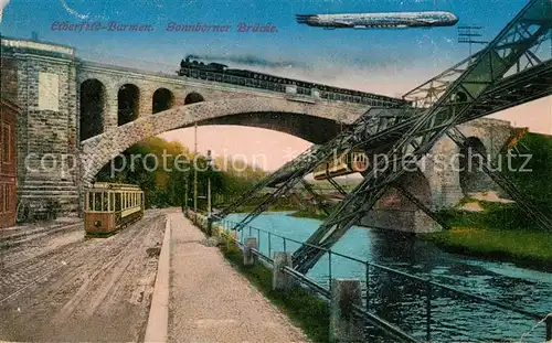 AK / Ansichtskarte Elberfeld Barmen Sonnborner Bruecke Eisenbahnbruecke Zeppelin Luftschiff