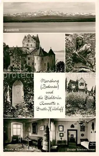 AK / Ansichtskarte Meersburg Bodensee Alpenblick Schloss Dichterin Annette von Droste Huelshoff Denkmal Kat. Meersburg