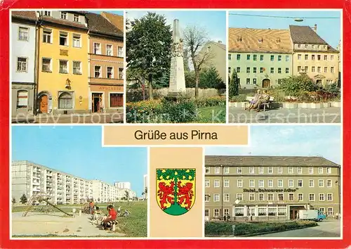 AK / Ansichtskarte Pirna Haus des Th Jacobaer Postmeilensaeule Markt Sonnenstein Hotel Schwarzer Adler Kat. Pirna