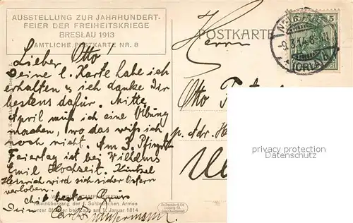 AK / Ansichtskarte Breslau Niederschlesien Ausstellung zur Jahrhundertfeier der Freiheitskriege 1913 Amtliche Postkarte Nr 8 Kuenstlerkarte Kat. Wroclaw