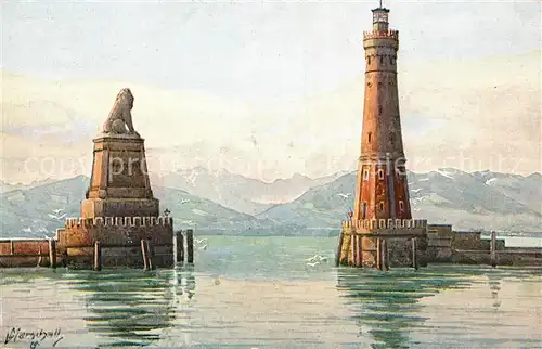 AK / Ansichtskarte Lindau Bodensee Hafeneinfahrt Leuchtturm Bayerischer Loewe Marschall Kuenstlerkarte Kat. Lindau (Bodensee)