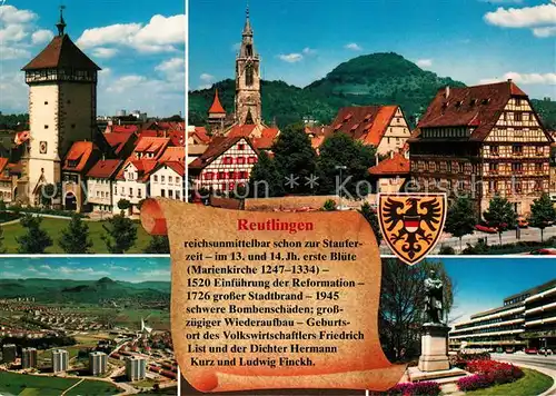 AK / Ansichtskarte Reutlingen Tuebingen Stadttor Kirche Fachwerkhaeuser Panorama Denkmal Friedrich List