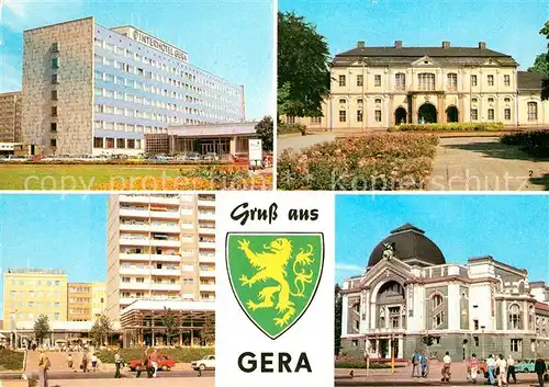 AK / Ansichtskarte Gera Interhotel Gera Kunstgalerie Dr Rudolf Breitscheid Strasse Buehnen der Stadt Wappen Kat. Gera