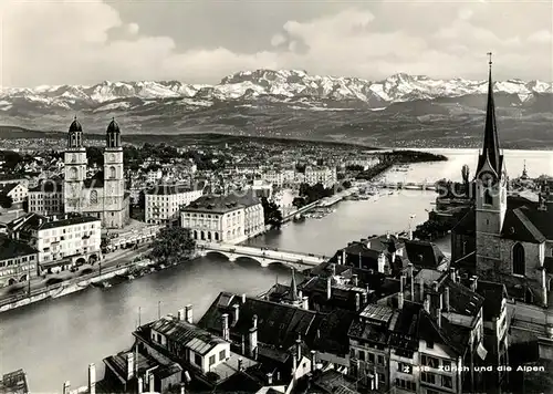 AK / Ansichtskarte Zuerich ZH Stadtpanorama mit Limmat und Alpen