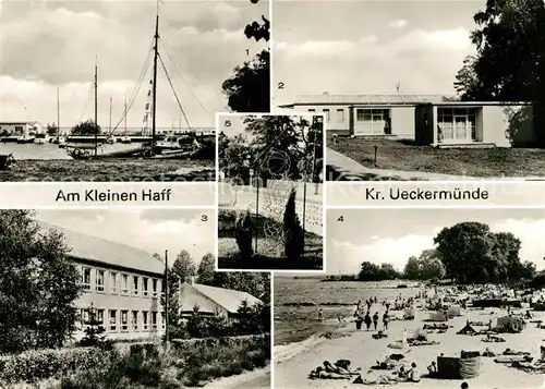 AK / Ansichtskarte Ueckermuende Mecklenburg Vorpommern Am Kleinen Haff Hafen Haffblick Polytechn Oberschule Aug Bebel Strand Haffbad Haffjungfrau Ilona in Bellin Kat. Ueckermuende