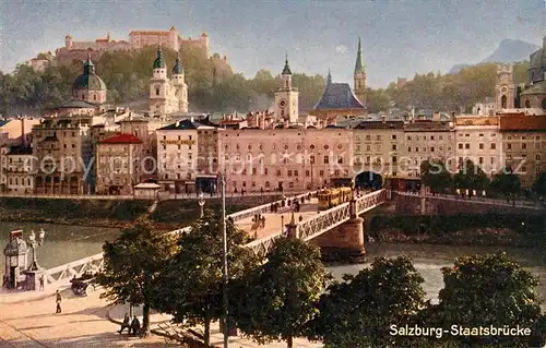 AK / Ansichtskarte Salzburg Oesterreich Staatsbruecke Strassenbahn Pferdekutsche Kat. Salzburg