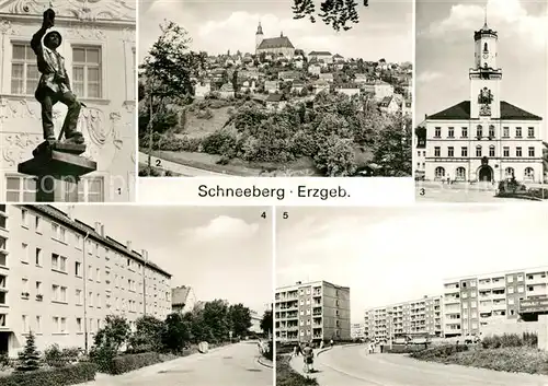 AK / Ansichtskarte Schneeberg Erzgebirge Plastik des Bergmannsbrunnens Stadtblick Rathaus Friedensring in der Siedlung des Friedens Neubaugebiet am Keilberg Kat. Schneeberg