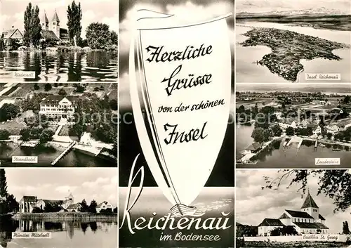 AK / Ansichtskarte Reichenau Bodensee Niederzell Strandhotel Muenster Mittelzell Insel Landesstelle Basilika St Georg Kat. Reichenau